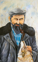 Portrait of an elderly man with a dog. Oil painting