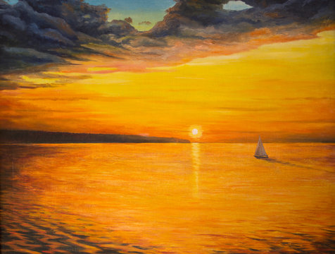 Sunset on the lake. Sailing yacht sailing on calm water .Painting