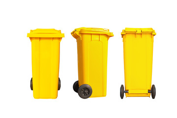 Isolated big yellow garbage bin or trash can with black wheels