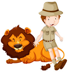 Fototapeta premium Boy in safari suit and wild lion