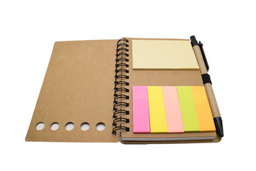 spiral notebook with colorful post-it note  isolated on white ba
