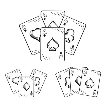 Set of sketch playing cards, aces in different combinations