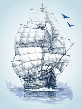 Boat On Sea Drawing. Sailboat Vector Sketch