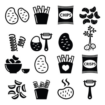 Potato, French fries, crisps, chips vector icons set 