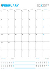 February 2017. Vector Print Template. Monthly Calendar Planner for 2017 Year. Week Starts Monday. 3 Months on the Page. Stationery Design