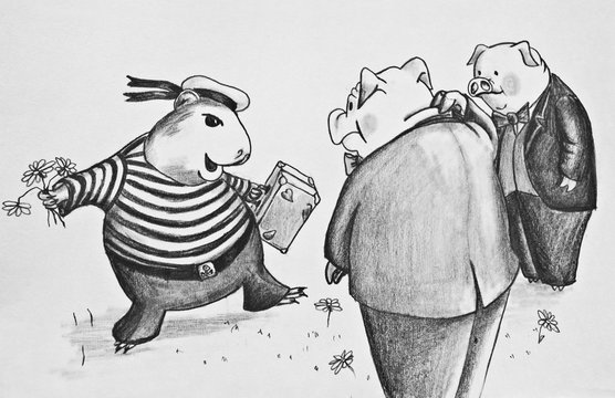 Pencil drawing on paper.Guinea pig welcomes domestic pigs