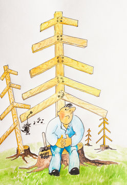 Caricature. The man on the stump listening to a mechanical bird. The problem of preservation of forests