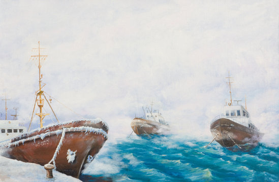 Oil painting. Fishing trawlers in the port
