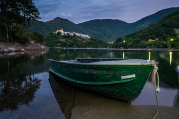 Fototapeta na wymiar Vagli di Sotto village on Lago di Vagli, Vagli lake, Tuscany, It