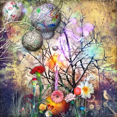 Zelfklevend Fotobehang Sprookjesbos met sterren, sneeuwvlokken en magische fantastische en tropische bloemen © Rosario Rizzo