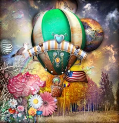 Foto op Canvas Garden of Eden met steampunk ballon en sprookjesachtige bloemen © Rosario Rizzo