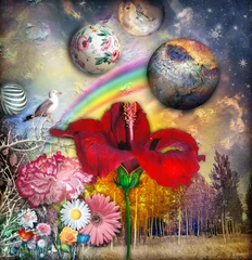 Cercles muraux Imagination Conte de fées et paysage fantastique avec hibiscus, fleurs tropicales et arc-en-ciel