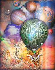 Cielo fiabesco e fantastico con mongolfiera steampunk,farfalla e pianeti © Rosario Rizzo