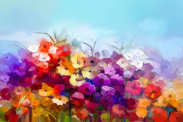 Fotobehang Abstract oil painting white,yellow, red daisy, gerbera flower in field. Painting summer, spring flowers in meadows landscape. Purple, blue sky color background. Hand painted floral Impressionist style © nongkran_ch