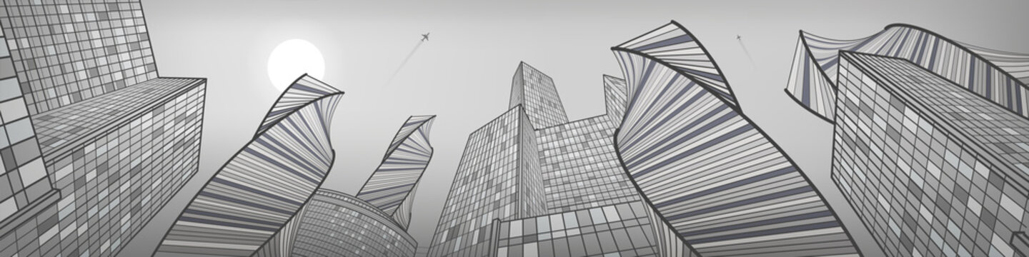 Business building, silver city panorama, urban life, infrastructure illustration, modern architecture, skyscrapers, airplane flying, vector design art