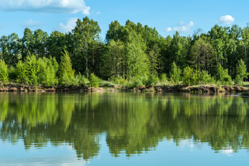 Fototapeta premium Beautiful lake landscape with sky and trees reflected in the water