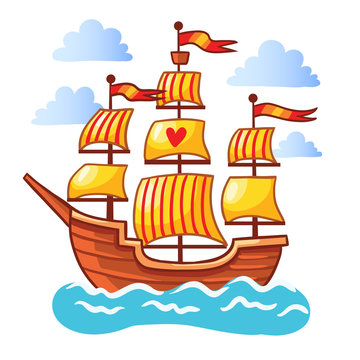 Sailing ship floating in the water. Vector illustration of a ship at sea among the clouds on a white background. The picture in the children s cartoon style.