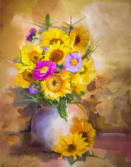 Obraz premium Watercolor painting flowers. Hand paint bouquet still life of yellow sunflower and violet aster flowers in vase on grunge textures background. Vintage painting style. Spring flower nature background