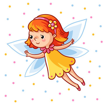 Fairy flying on the wings against the backdrop colored peas. Vector illustration of a girl made in cartoon style.