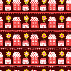Vector seamless illustration of houses on a brown background. The pattern of the houses. Wallpaper in a cartoon style with flowers and houses.