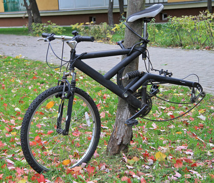 Bicycle abandoned outdoor, dismounted wheel