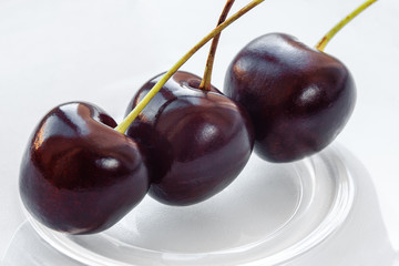 Food. Sweet berries. Three large cherries lay on a glass saucer. Macro. Ripe cherry closeup. Cherries with stems. Dark red cherries on a white background.