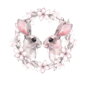 Love bunnies. Watercolor cute illustration. Greeting card with floral frame. Rabbits in love