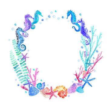 Seahorse, shell, starfish, seaweed, coral and bubbles wreath.Underwater world image on a white background.Watercolor hand drawn illustration.