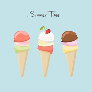 Three Ice Cream Cones, isolated vector illustration