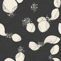 Artistic lotus flower petals on black background. Outline vector creative seamless pattern