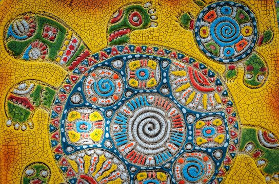 SUZDAL, RUSSIA - JULY 16, 2016: Feast of cucumber in Suzdal, mosaic depicting turtles