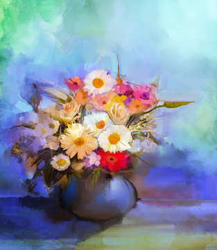Oil painting flowers in vase. Hand paint still life bouquet of White,Yellow and Orange Sunflower, Gerbera, Daisy flowers. Vintage flowers painting in soft green, blue and purple color background. 