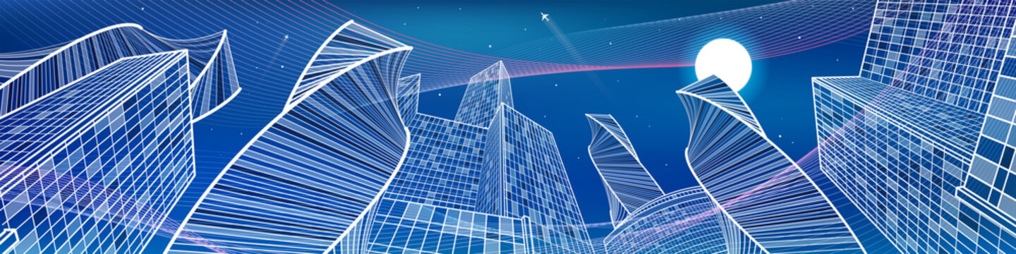Business building, night city panorama, urban scene, infrastructure illustration, neon waves, modern architecture, skyscrapers, airplane flying, vector design art