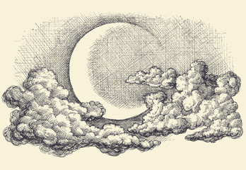 Night sky vector, moon in the clouds hand drawing
