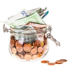 jar with euros on white