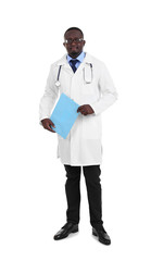 Professional African doctor with clipboard, isolated on white