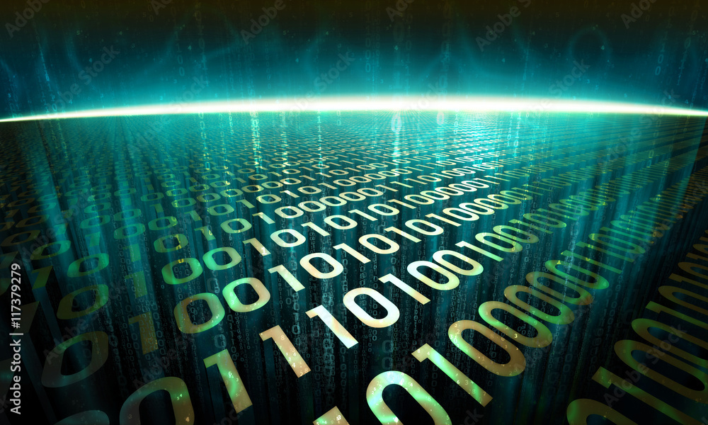 Poster the information explosion on the digital surface in cyberspace, glowing abstract binary background -