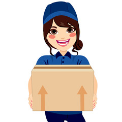 Delivery service girl working holding cardboard box