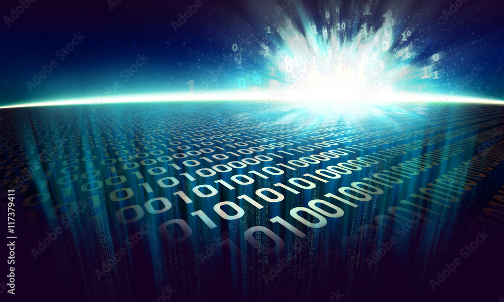 Poster the information explosion on the digital surface in cyberspace, glowing abstract binary background -
