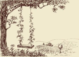 Swing drawing. A cute floral swing in the forest