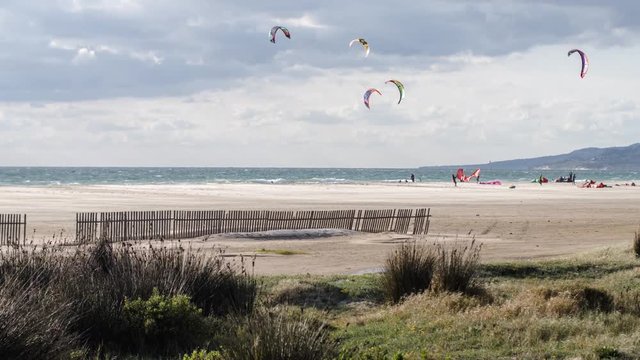 large beach filled with kite surfers