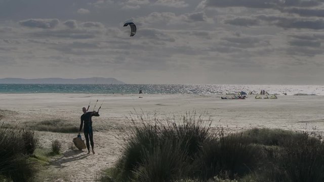 large beach filled with kite surfers