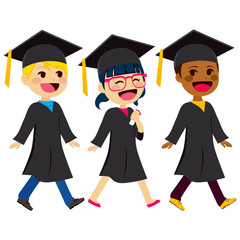 Cute kids of different ethnicity with black graduation gown and mortarboard