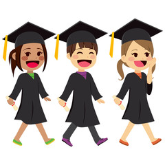 Cute kids walking with graduation gown and mortarboard holding diplomas