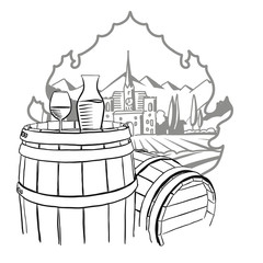 Naklejki  Karafka, kieliszek wina na beczce przed ilustrowaną farmą