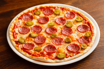 pizza on wood background