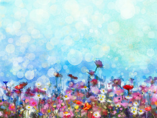 Naklejka premium Watercolor painting purple cosmos flower, white daisy, cornflower, wildflower. Flowers meadow, green field paintings. Hand painted floral with bokeh and green blue sky. Spring flower nature background