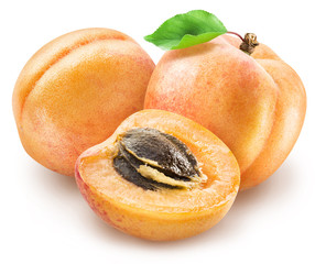 Ripe apricot fruits and apricot slice. Clipping paths.