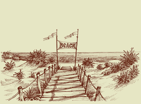 The way to the beach, sea view ahead vector drawing
