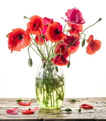 Obraz premium Bouquet of poppy flowers in the vase on the wooden table.